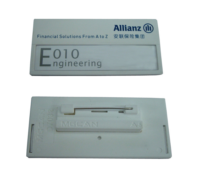 custom white plastic name badges with safety pin conference name tags factory