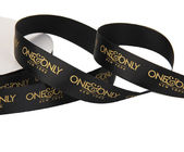 custom cheap black satin ribbon in roll with gold logo stamping manufactuer