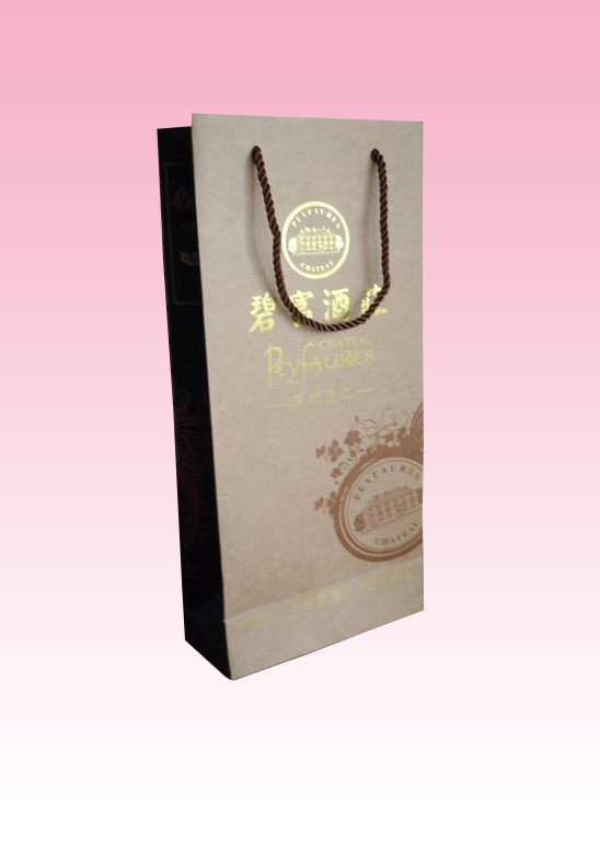 custom wine paper bag packaging with glossy metalic gold logo
