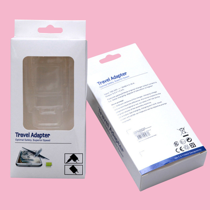 custom foldable white paper cardboard boxes with blister tray for travel adapter